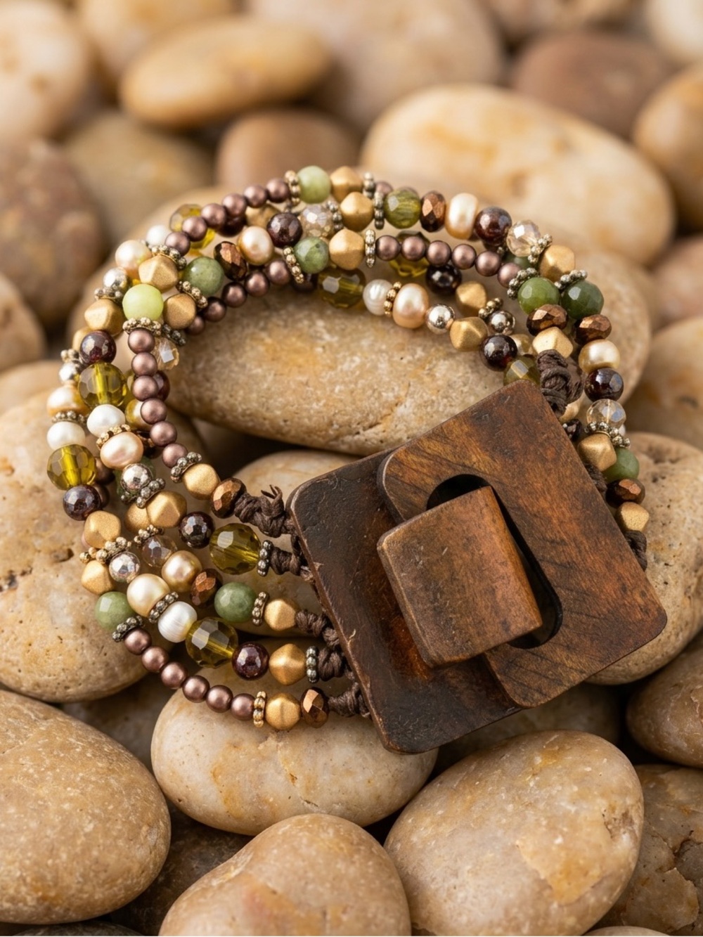 STATEMENT PIECE Multi-Strand Earth Tone Beaded Bracelet with Wooden Toggle